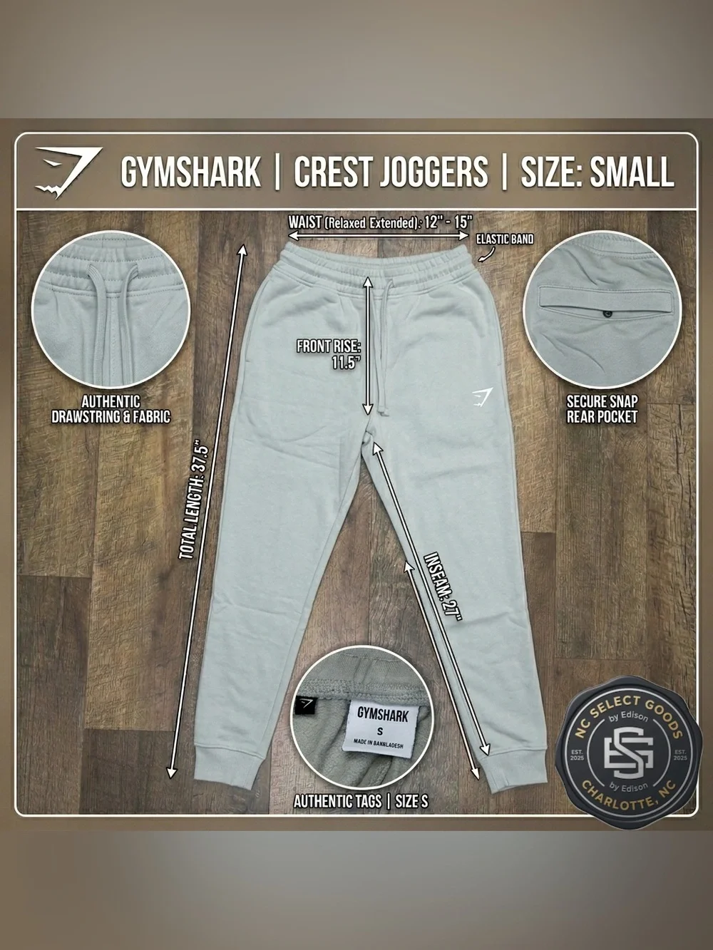 Gymshark Crest Joggers Mens Size Small Sage Green Tapered Sweatpants Snap Pocket - Picture 7 of 7